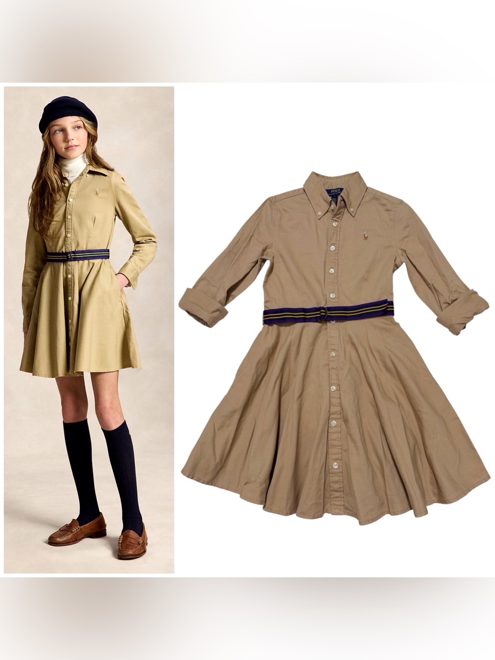 Ralph Lauren Belted Cotton Chino Shirtdress in Khaki Size 8